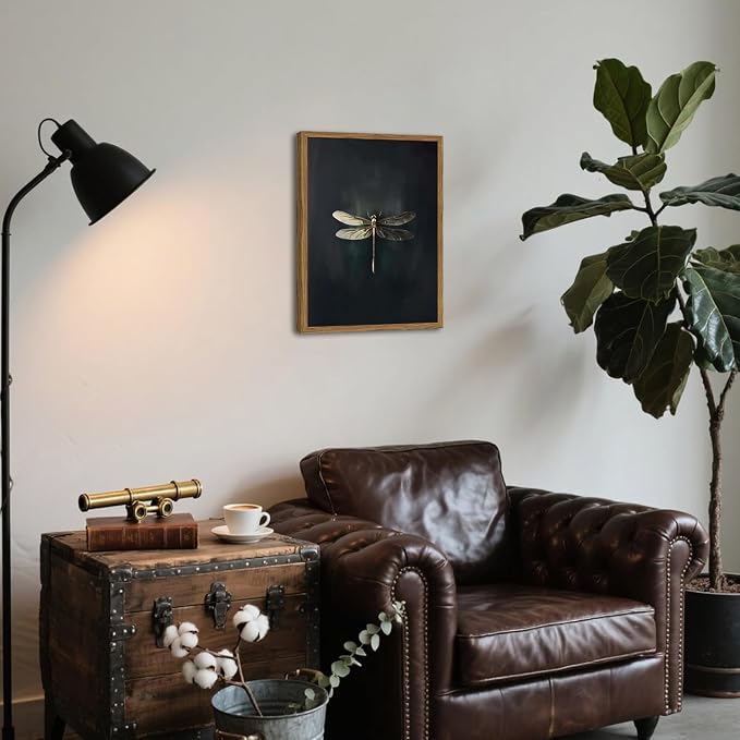 Dark Academia Dragonfly Wall Art Vintage Bug Wall Decor Pictures Whimsical Nature Insect Poster Canvas Print Moody Dragonfly Painting Artwork for Bedroom Living Room 12x16 inch Wood Framed