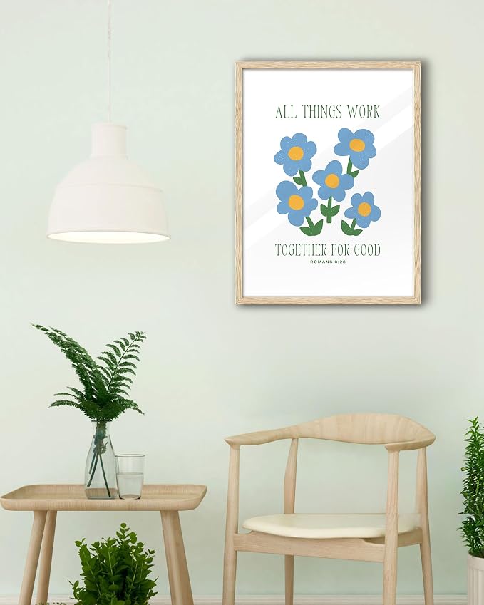 EcoHest 12x16 in Romans 8:28 All Things Work Blue Floral Christian Wall Art | Natural Oak Wood Frame with Canvas Wall Art, Scripture Bible Verse Decor for Bedroom, Living Room, Office, Church, 1Pack