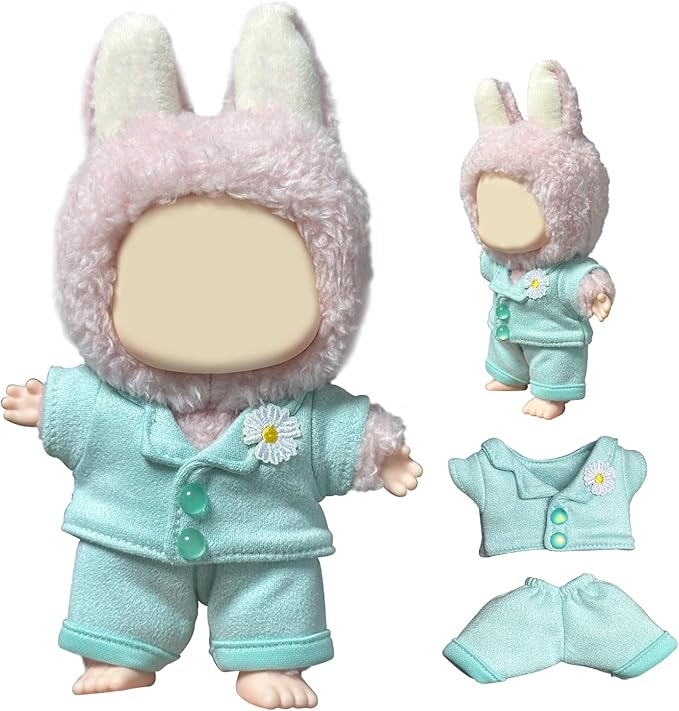 Light Blue Daisy Outfit Set for Labubu Dolls, Two-Piece Clothes with Flower for Labubu 15-17cm Figures, Cute Top & Pants Compatible with Labubu