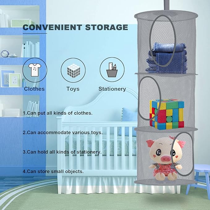 2Pcs Stuffed Animal Storage Foldable Stuffed Animal Net or Hammock Organizer, 3 Compartments Hanging Mesh Toy Storage Hammock for Kid Room Toys, Gloves, Hats, Socks(Grey)