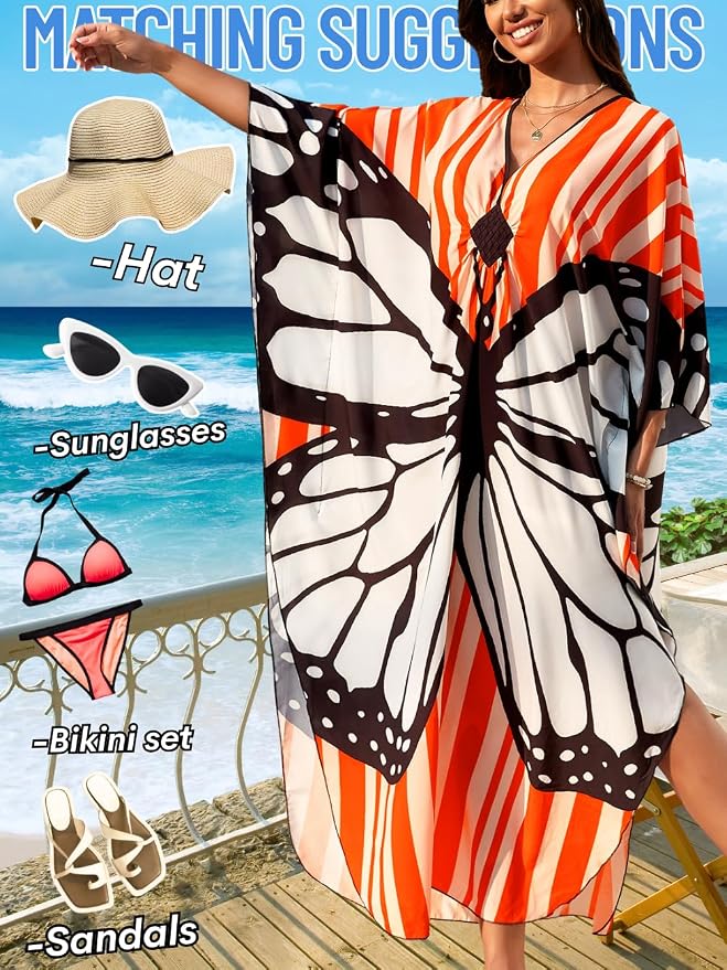 ChiaoLezhee Print Moo-Moos for Women, Kaftan Cover-Up Dresses, Sexy V-Neck High-Slit, Beach Pool-Party Coverups Muumuu Plus