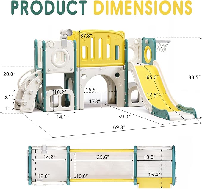 MOCUTEEN 8 in 1 Toddler Slide,Baby Playset for Indoor Outdoor Playground with Basketball Hoop,Storage and Telescope,Climbing Toys for Toddler Playground Playset