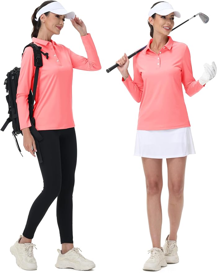 MAGCOMSEN Long Sleeve Polo Shirts for Women Golf Tops with Collar Work | UPF 50+ Sun Protection, 4 Buttons, Moisture Wicking, Breathable, 4-Way Stretch, Collared, Quick Dry, Active, Casual, Tennis