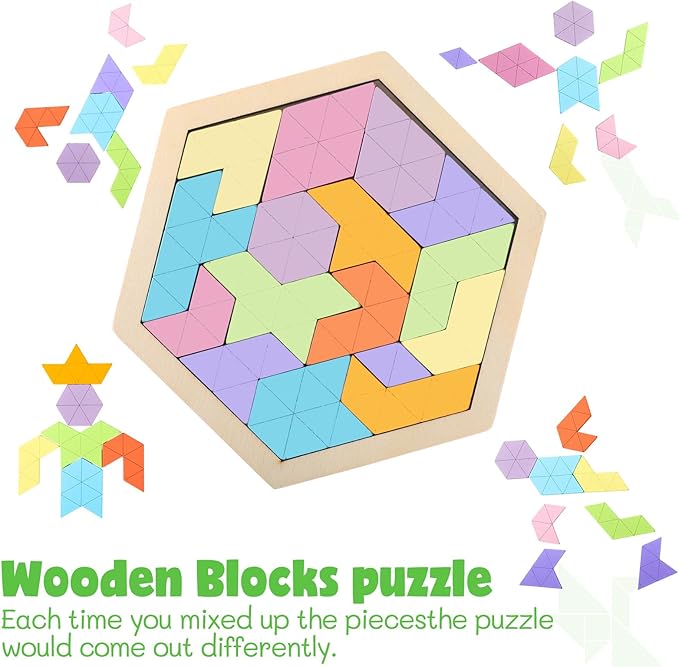 Yunsailing 3 Pack Hexagon Tangram Puzzle Wooden Brain Puzzles with Storage Bag Challenge Wood Russian Blocks Brain Teasers Geometric Jigsaw Block Logic Iq Stem for Family Party Gift