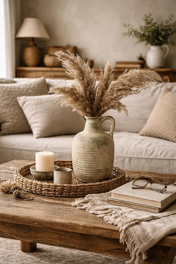 SIDUCAL Rustic Ceramic Farmhouse Flower Vase with 1 Handle-Height 8.43" Terracotta Vase, Unique Textured Pottery Flower Vases for Home Decor, Table, Wedding, Living Room, Shelf Decor, Terra