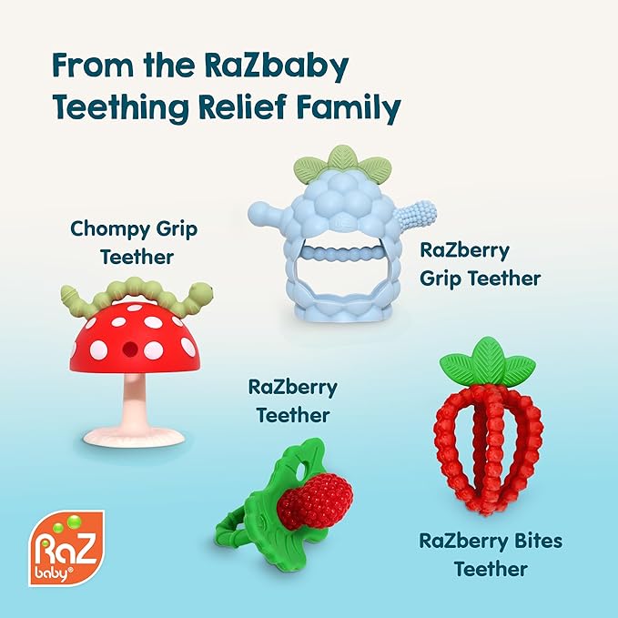 RaZbaby Soft Silicone Infant & Baby 3M+ Teether Toy Massaging Bristles Teething Relief Pacifier - Soothes Sore Gums - Hands-Free & Easy-to-Hold Chompy Teether, BPA Free (RED/Lavender)