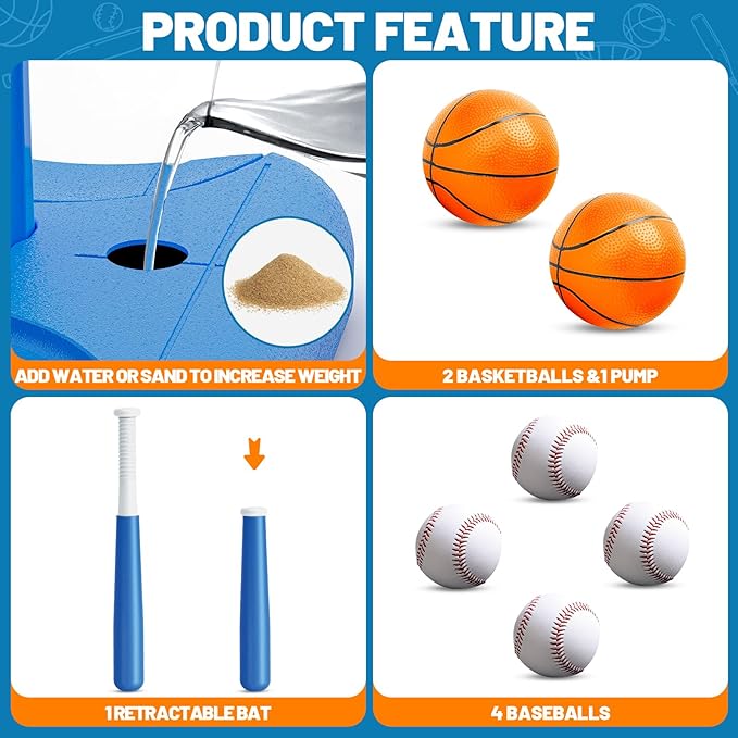 3 in 1 Kids Basketball Hoop and T Ball Set, Adjustable Height Toddler Basketball Hoop, Hanging Tee Baseball, Indoor Outdoor Sports Toys Gifts for Toddlers Boys Girls Ages 3 4 5 Year(Blue