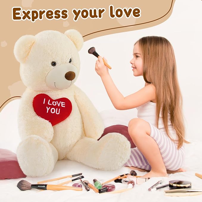MaoGoLan Big Teddy Bear Stuffed Animal, Soft and Cuddly Giant White Teddy Bear Plush with I Love You Red Heart,Valentines Gift for Kids,Girlfriend,Boyfriend,Lover,36 inches