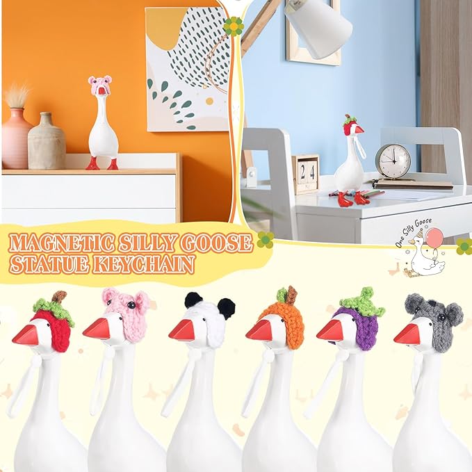 Geyoga 6 Pcs Mini Knitted Hats 7 Inch Goose Outfits Hat with Adjustable Strap Mini Porch Goose Headwear for Statue Key Holder