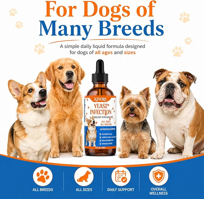Kivori Yeast Infection Drops for Dogs, 2fl.Oz/60ml Yeast Infection Treatment for Dogs, Anti Yeast Drops, Ear and Paw Itch, Herbal Dog Supplement Drop for All Ages All Breeds. (1PCS)