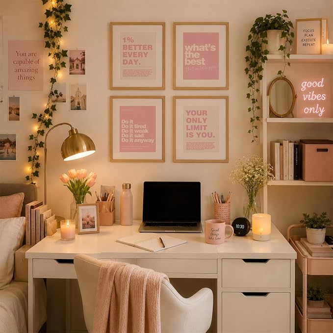 DSHFG Pink Motivational Inspirational Office Wall Art Decor Prints 4Pcs | Pink Office Motivational Wall Decor Trendy Retro Positive Affirmations Quotes Wall Decor Posters, 8x10 Unframed