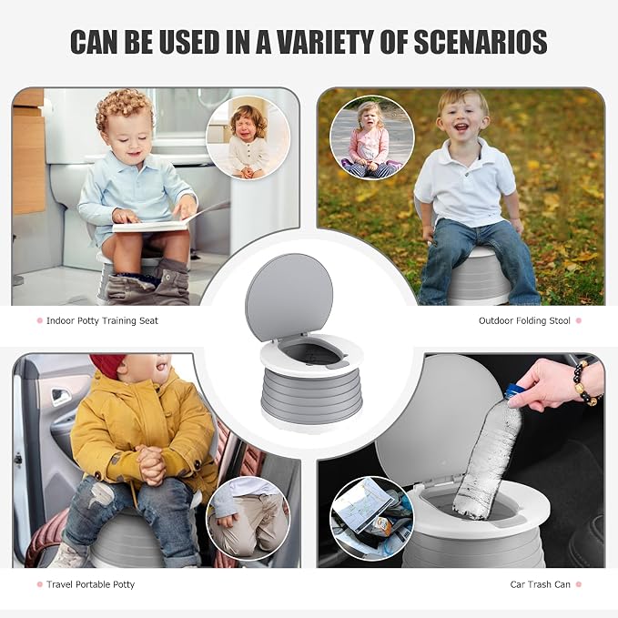 Portable Potty for Toddler Travel Foldable Potty Seat for Toddler Training Toilet for Kids Boys Girls Car On The Go Potty Travel Toilet Chair for Camping Park Indoor/Outdoor (Grey)