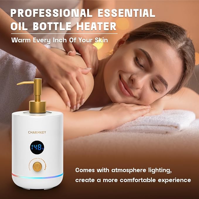 CHARMKEY Massage Oil Warmer White, 2 Oil Bottle Dispensers & 2 Silicone Funnels, Digital Heater for SPA, Oil Lotion Cream for Salon, Barber Shops, Home, Automatic Lotion Warmer