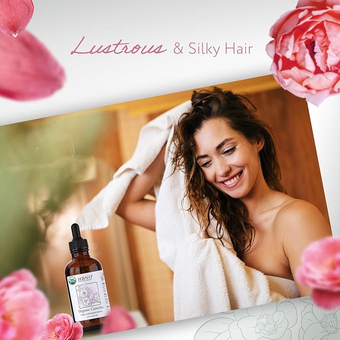 HBNO Organic Camellia Oil - Huge 4 oz (120ml) Value Size - USDA Certified Organic Camellia Oil, Cold Pressed Carrier Oil for Face, Body, Lips, Nails, Shampoo & Conditioner