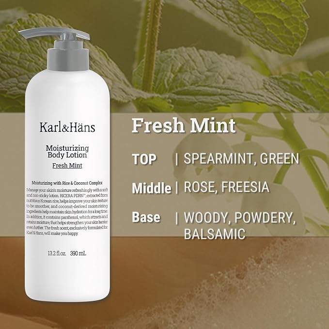 Karl&Hans Moisturizing Body Lotion, Korean Rice-Derived PDRN & Ceramide, Skin Barrier Repair, Lightweight Non-Greasy for Dry & Sensitive Skin, 13.2 fl oz (Fresh Mint)