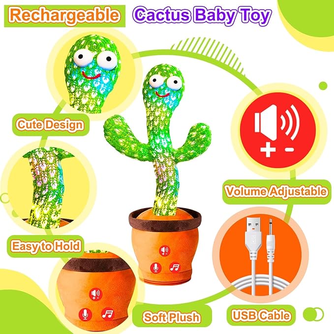 Rechargeable Baby Toys Dancing Talking Cactus Toy for Baby, Volume Adjustable, Singing, Mimicking, Repeating, Baby Infant Toys for Girls Boys, Valentine's Day Gifts for Kids Baby Todder