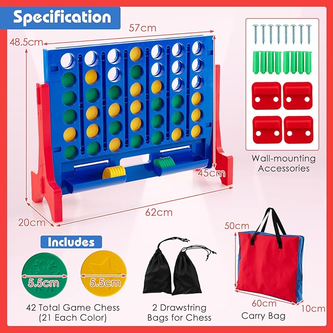 COSTWAY Giant 4 in a Row Game with Storage Carry Bag, Jumbo 4-to-Score Game with Chess, Quick Release Slider for Kids Adults, Indoor Outdoor Backyard Game Set, Free-Standing/Wall-mounting (Blue)