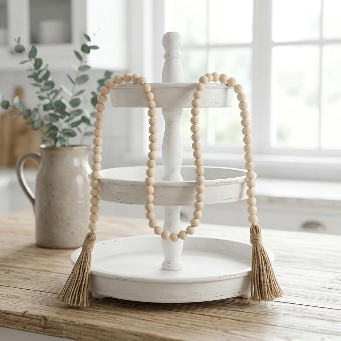 RGB World Farmhouse Beads Long Length Solid Wood Bead Boho Tassel Garland - Rustic Country Solid Beaded Boho Chic Decor for Wall, Above Cabinet & Table