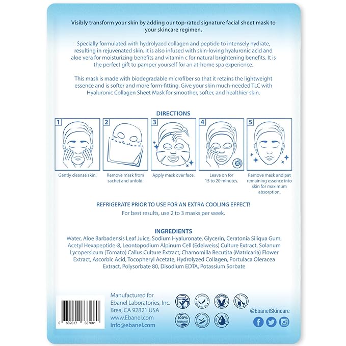 Ebanel 15 Pack Collagen Face Mask with Hyaluronic Acid, Vitamin C, Peptide, Aloe, Instant Brightening Hydrating Face Masks Skincare Korean Sheet Mask, Skin Firming, Lifting Anti Aging Facial Masks