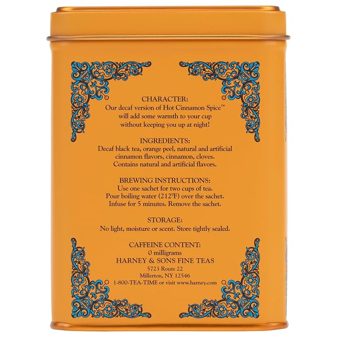 Harney and Sons Decaf Hot Cinnamon , Decaf Flavored Black 20 Sachets per Tin 1.4oz