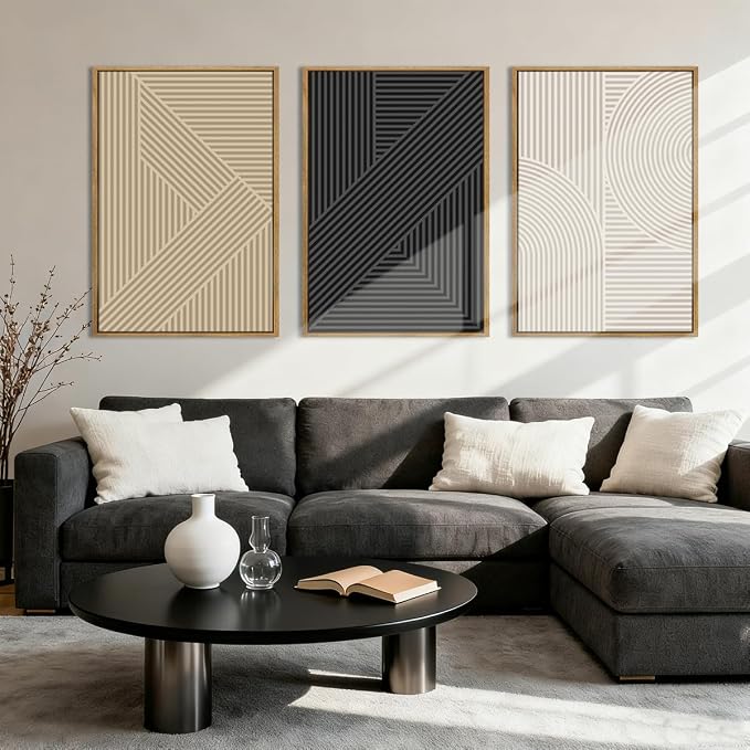 Large Neutral Abstract Wall Art Decor Framed Mid Century Modern Canvas Paintings Artwork for Living Room Bedroom Bathroom 36x24 Inch Set of 3