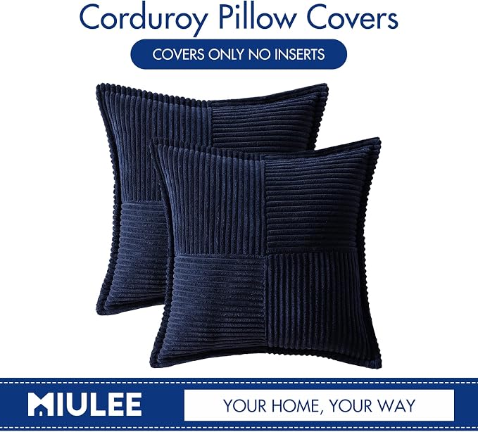 MIULEE Decorative Throw Pillow Covers for Couch 18x18 Inch Navy Blue 2 Pack | Boho Broadside Striped Patchwork Pillow Covers, Soft Corduroy Cushion Cases, For Sofa Bed Livingroom Home Decor