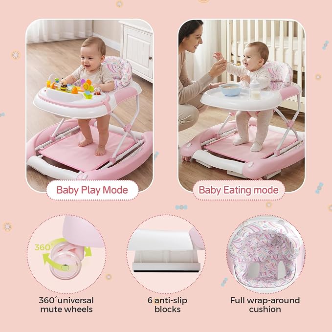 5 in 1 Baby Walker, Music and Lights Foldable Baby Walker with Wheels, 3 Adjustable Heights, with Bouncer Combo, Rocker, Activity Walker for Baby Boy and Girl 6-18 Months (Pink)