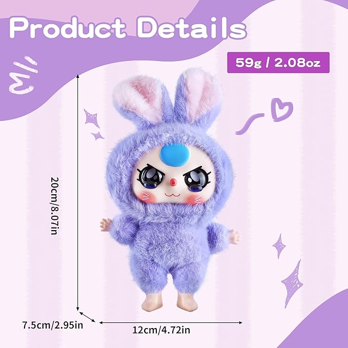 Vinyl Plush Doll, Stuffed Animals with Vinyl Face Lovely Vivid Expression for Girls Boys, Cute Popular Macaron Purple Kawaii Bunny Plush Toy Doll Gift for Collectibles Car Home Décor Birthday Keychain