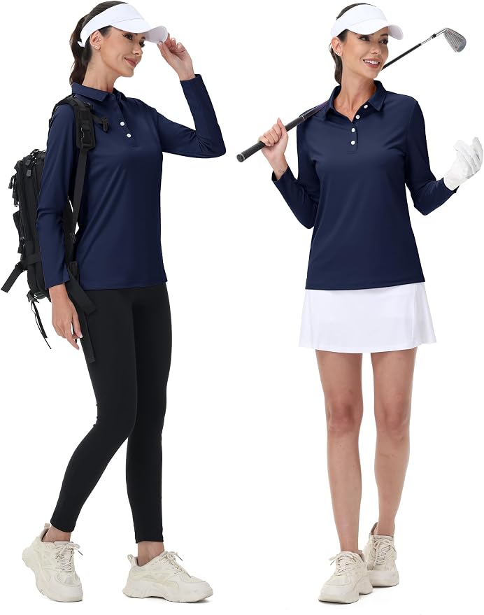 MAGCOMSEN Long Sleeve Polo Shirts for Women Golf Tops with Collar Work | UPF 50+ Sun Protection, 4 Buttons, Moisture Wicking, Breathable, 4-Way Stretch, Collared, Quick Dry, Active, Casual, Tennis