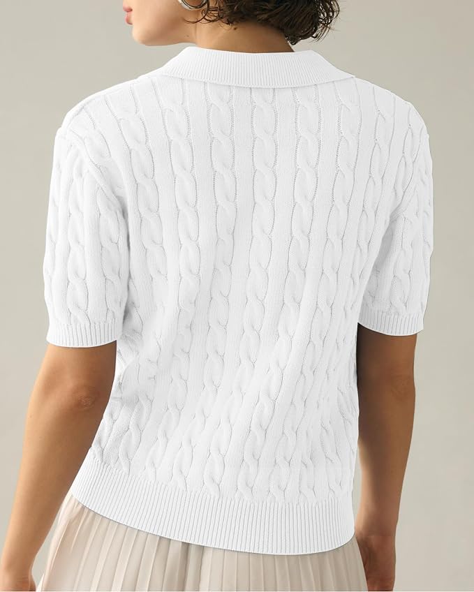 Imily Bela Womens Cable Short Sleeve Sweaters Tops Lapel V Neck Knit Shirt | Solid,Knit Casual,Soft Pullover,Fall Sweaters,Womens Summer Work Tops