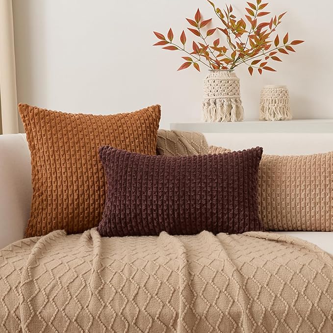 Kevin Textile Soft Corduroy 12"x24" Lumbar Pillow Cover 1 Pack, Coffee | Boho Stripe Plush Corduroy Decorative Oblong Cushion Cover Modern Farmhouse Home Decor for Sofa Couch Bed Chair