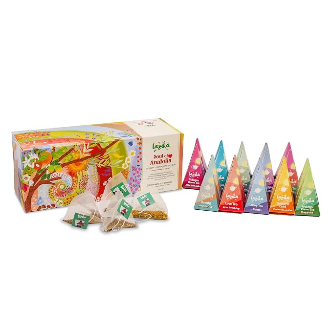 Lazika Tea Sampler with Premium Presentation Box, 20 Counts, 4 of Each Blend Individually Wrapped, Black, Green and Herbal Tea Variety Gift Set, Collection with Pyramid Infuser Bag