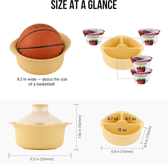 48oz Platinum Silicone 3 Compartmented Microwave Steamer Pot with Handle & Lid - Korean 100% Food-Grade Steamer Bowl, Heat-Resistant Cooker with Steam Holes, Easy Clean, Dishwasher Safe, Yellow