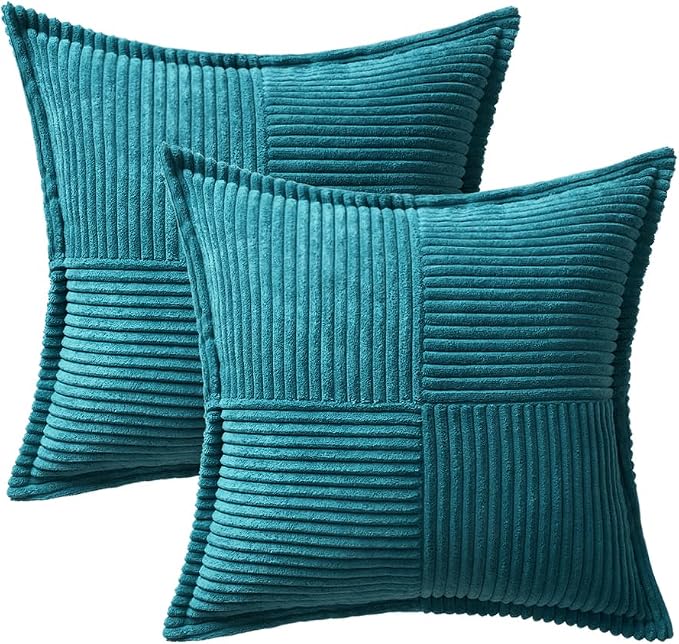 MIULEE Decorative Throw Pillow Covers for Couch 20x20 Inch Teal Blue 2 Pack | Boho Broadside Striped Patchwork Pillow Covers, Soft Corduroy Cushion Cases, For Sofa Bed Livingroom Home Decor
