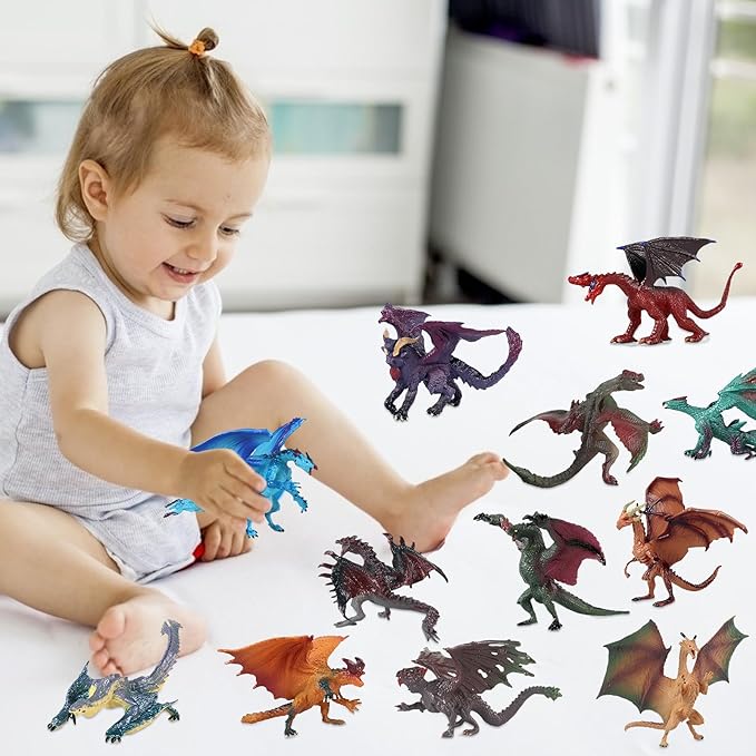 12 Pcs Mini Dragon Figurine Kit 3 Inch Realistic Hand Painted Dragon Models Plastic Magic Dragon for Birthday Party Favors Cupcake Toppers