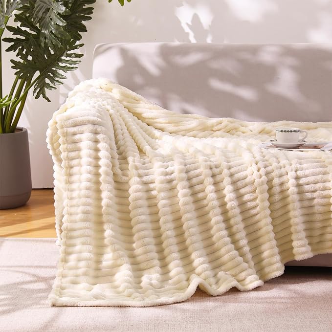 Beige Throw Blanket for Couch Sofa 50”x60” Striped Design | Fleece Blankets Room Home Decor Lightweight Plush Soft Cozy Gifts for Women Mom