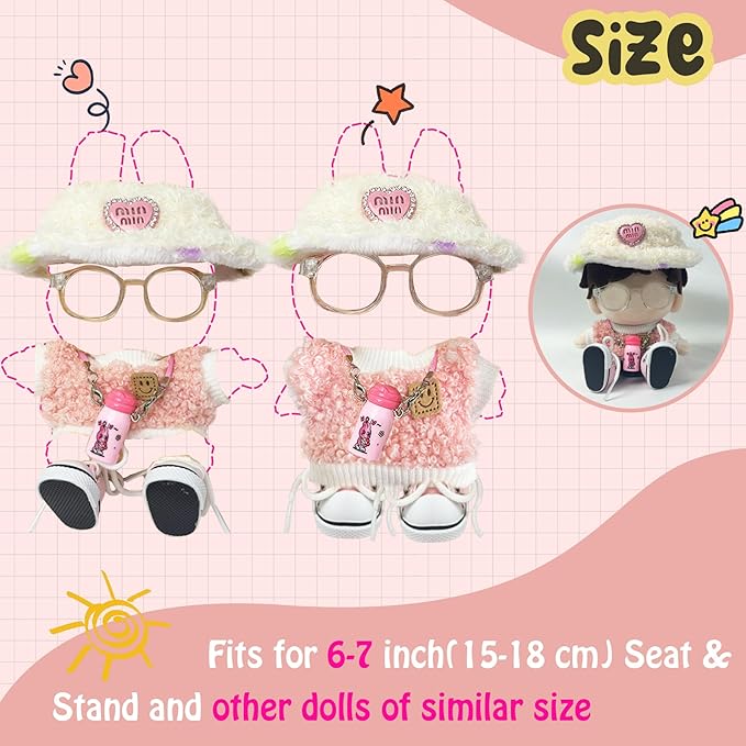 17cm Doll Clothes 5 PCs Accessories Outfits Pink Shoes Sweater Glasses Hat Bottle Clothing Set for Keychain, No Doll(Pink)