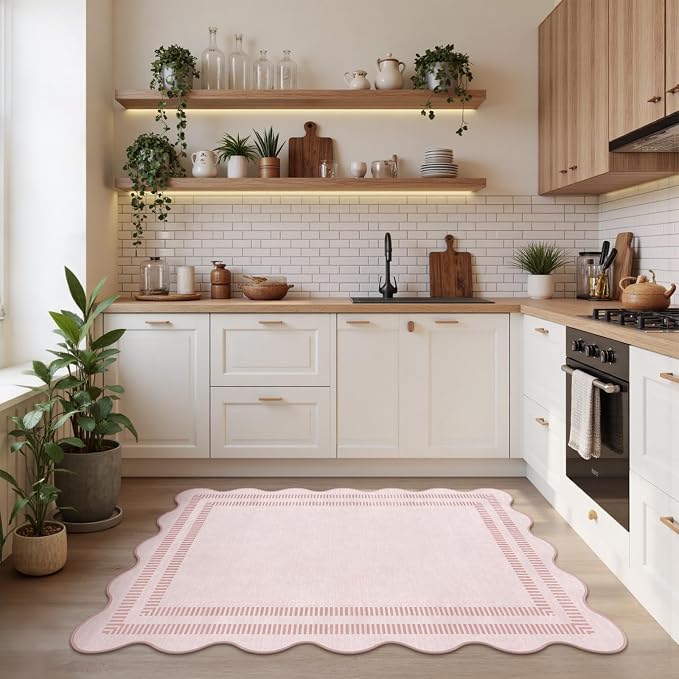 Washable 3x5 Indoor Entryway Rug, Solid Pink Non Slip Rugs for Bedroom Girls, Stain Resistant Scalloped Soft Carpet for Nursery Dorm Kitchen