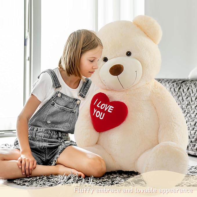 Giant Teddy Bear - Big Heart Teddy Plush Toy, 52" - Perfect for Kid's Christmas, Birthday, Valentine's, Wedding