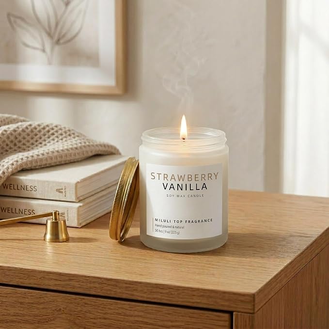 Strawberry Vanilla Scented Candles for Home - 15% Essential Oil Luxury Aromatherapy - Handmade Natural Soy Wax Candle for Relaxation - 9oz Frosted White Jar,50H Clean & Non-Toxic Burn