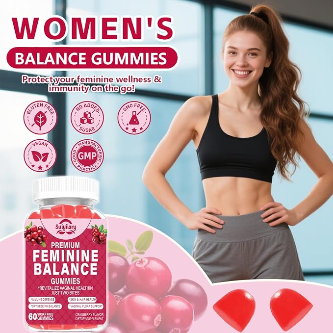 Suiyilary Feminine Probiotics Gummies, Vaginal Health & Women's pH Balance Gummy Supplement with Cranberry Pineapple Powder, Sugar Free Vegan, 60 Count (Cranberry)