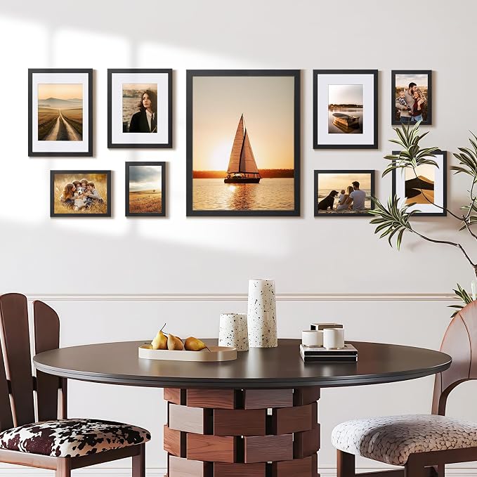 HappyHapi 4x6 Picture Frame Set of 10, Wall or Tabletop Display, Black | Black Picture Frames 4x6 Display Photos 3.5x5 with Mat or 4x6 without, Gallery Wall Frame Set, Modern Classic Home Decor