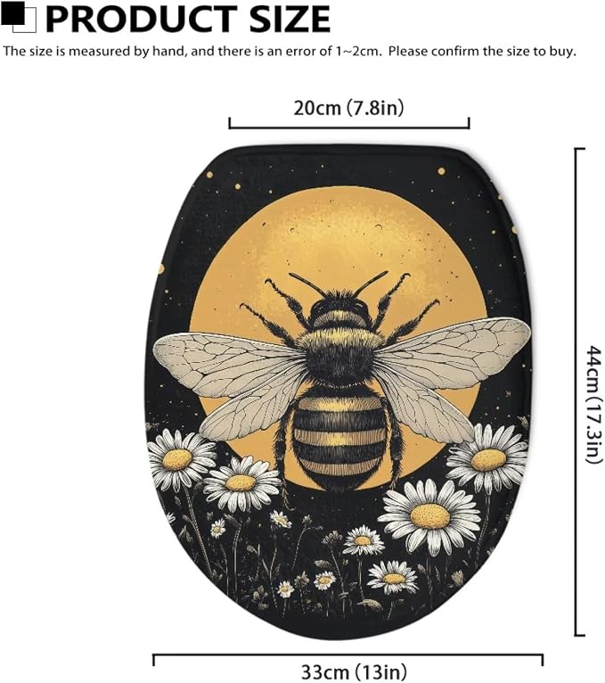 Bee Toilet Seat Cover for Bathroom Bee Moon Toilet Seat Pads Dust Cover Reusable Replacement Fabric Elastic Universal Fit Elongated Oval Round Lid,Easy to Clean