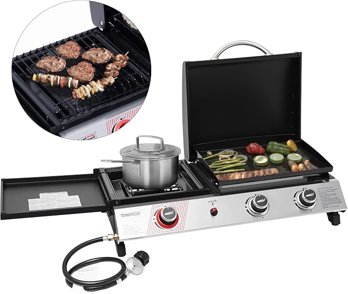 Royal Gourmet PD1305H 3 Burner Propane Gas Grill and Griddle Combo with Lid, 3-in-1 Grill Griddle Combo with 29,000 BTUs Output for Outdoor Cooking, 364 Sq. In. Cooking Area, Silver & Black | 3-in-1 Grill Griddle Combo | 29,000 BTUs Output, 364 Sq. In....