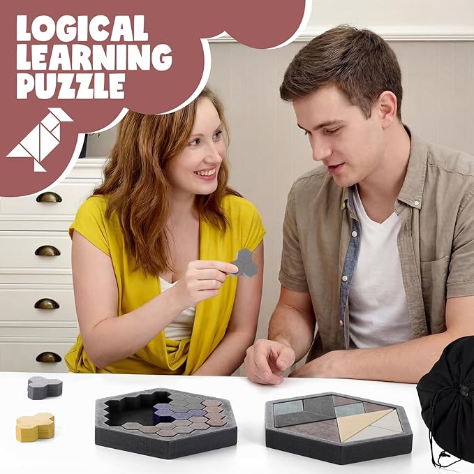 Yunsailing 3 Pack Hexagon Tangram Puzzle Wooden Brain Puzzles with Storage Bag Challenge Wood Russian Blocks Brain Teasers Geometric Jigsaw Block Logic Iq Stem for Family Party Gift
