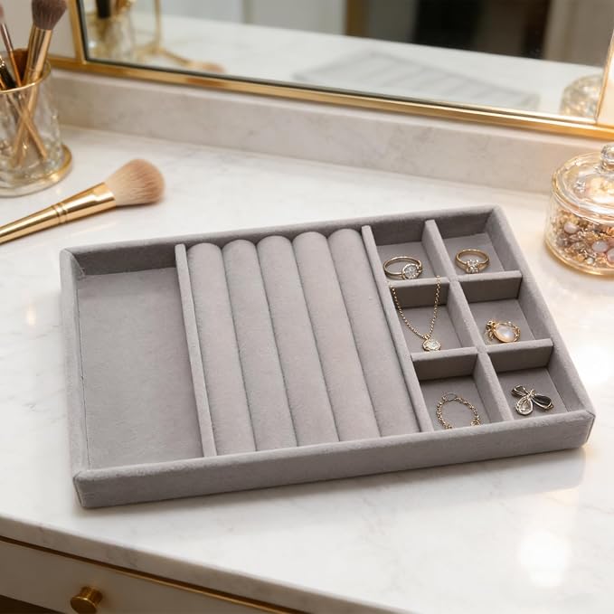 Velvet Jewelry Organizer Tray, Gray 3-in-1 | Stackable Jewelry Storage Display Tray with Removable Dividers for Drawer Dresser Cloest Organizer