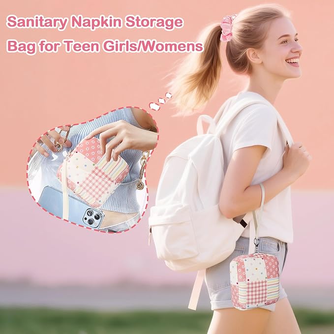 Likesing Quilted Period Bag, Period Pouches for Teen Girls Womens, Portable Floral Print Sanitary Napkin Storage Bag Feminine Emergency Tampon Pad Pouch(Pink Dot Clash)