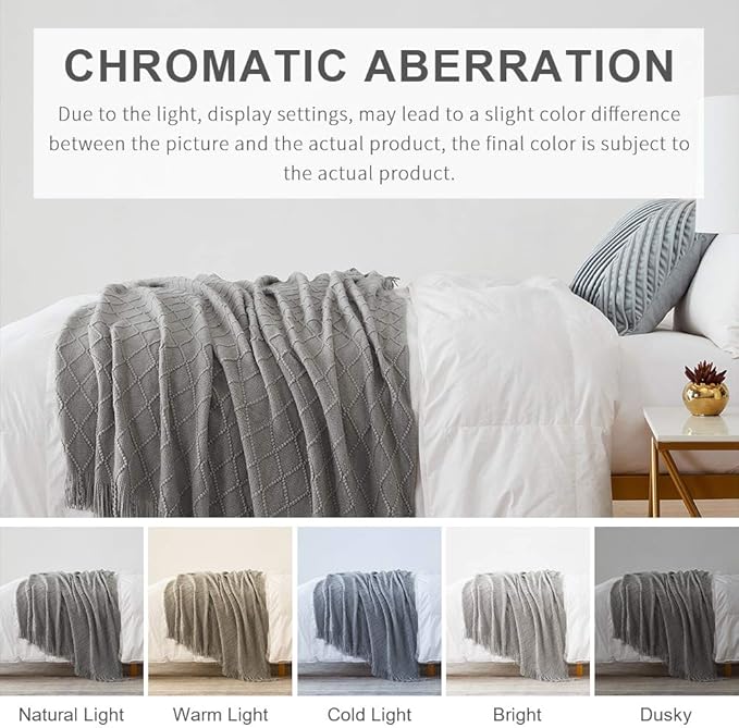 BOURINA Light Grey Throw Blanket 50x60 Inch Knitted Soft Throw Sofa Blanket | Knitted Throw Blanket 50x60 Inches, Soft Lightweight Boho Weave Throw Decorative Couch Blanket for Living Room Bedroom Chair