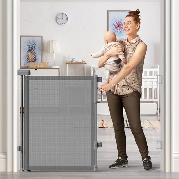 Retractable Baby Gate for Stairs & Doorways, Mesh Dog Gate Indoor Outdoor, Extends to 55" Wide 34" Tall Child Gate for Hallways, Deck, Porch, Pet Toddler Safety Essentials, Easy Install, Grey