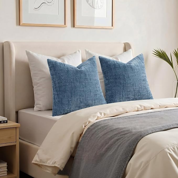 decorUhome Textured Chenille Throw Pillow Covers 26x26 Set of 2 Blue | Fall Modern Farmhouse Soft Cozy Slubby Couch Pillow Cases Boho Decorative Pillow Cases for Bed Sofa Living Room Home Decor